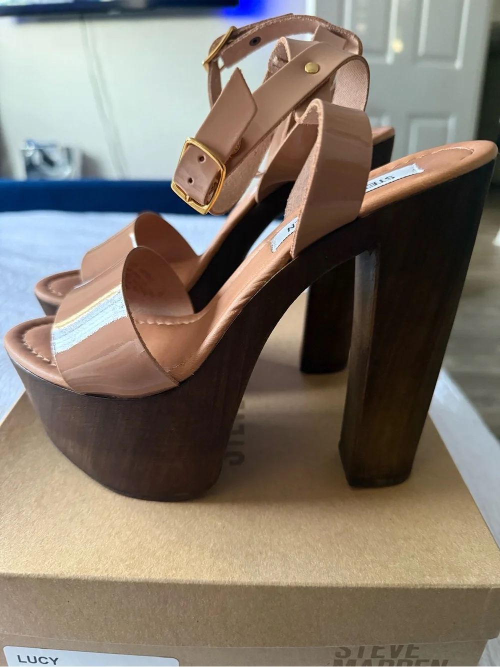 Steve Madden Blush Patent Platform Sandals with Wood Block Heel